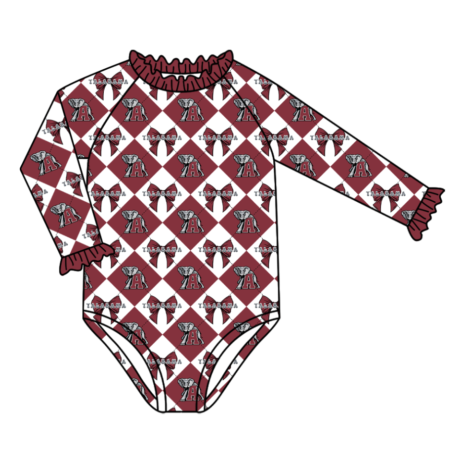 CUSTOM MOQ 5 Baby Girl Clothes Dark Red Bow PlaidTeam Long Sleeve Swimsuit