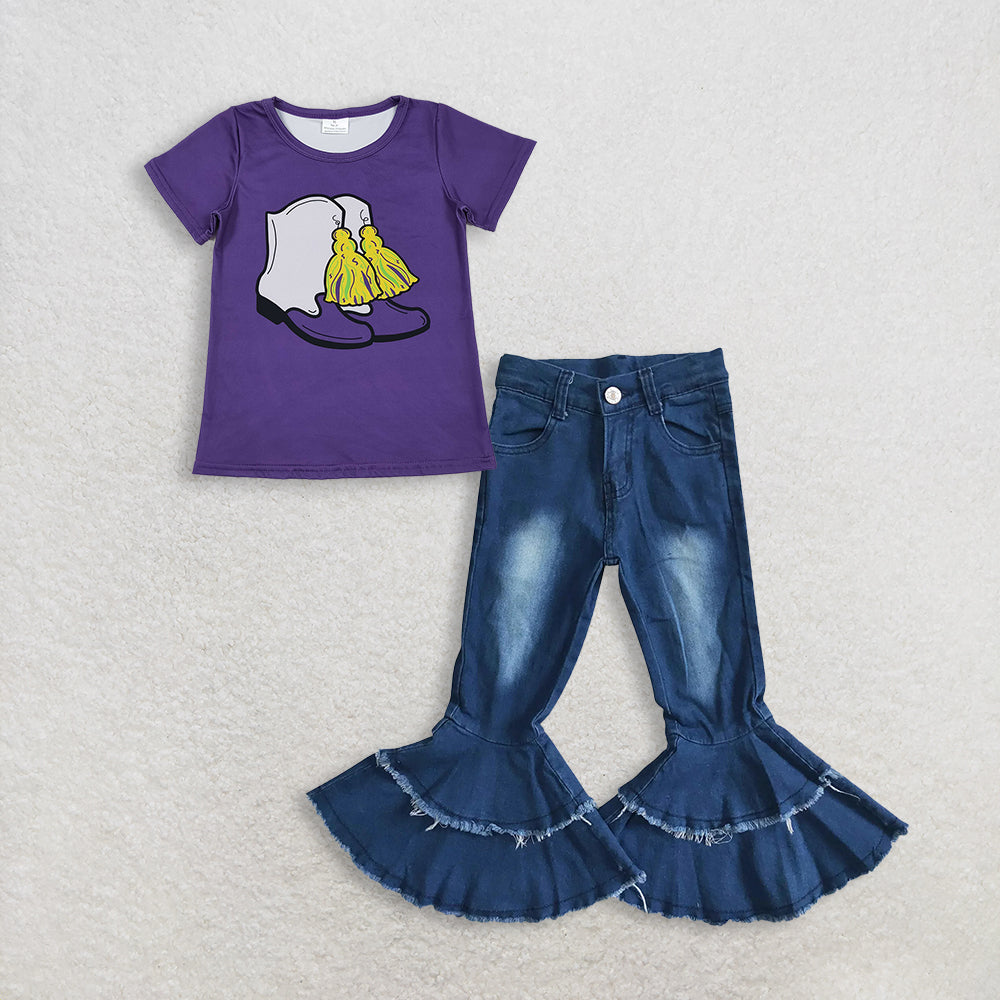 3.3 RTS NO MOQ (In stock)GT1254 + P0003 Baby Girls Summer Mardi Gras Purple Boots Top Denim Jeans Pants Clothes Sets