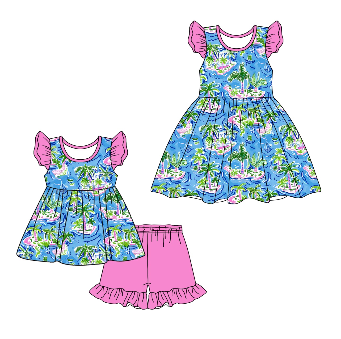 Flutter sleeves watercolor boat trees tunic shorts girls clothes