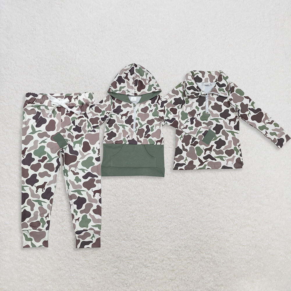 RTS Sibling Baby Camouflage Hunting Hoodie Pants Set Long Sleeve Zip Pullover with Pockets Duck Dog Print for Children's Outdoor Clothing