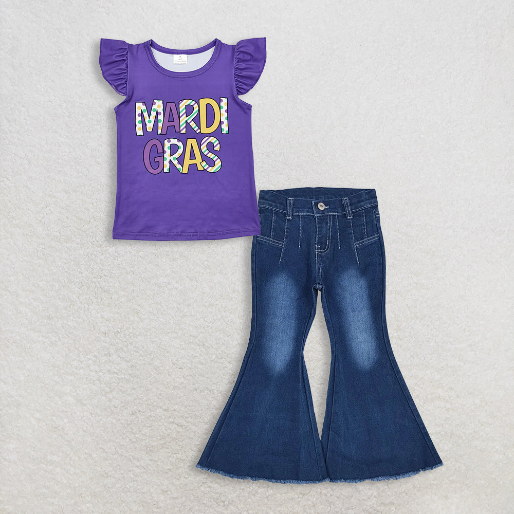 3.2 RTS NO MOQ (In stock)GT0814 + P0457 Baby Girls Mardi Gras Purple Shirt Denim Jeans Pants Clothes Sets