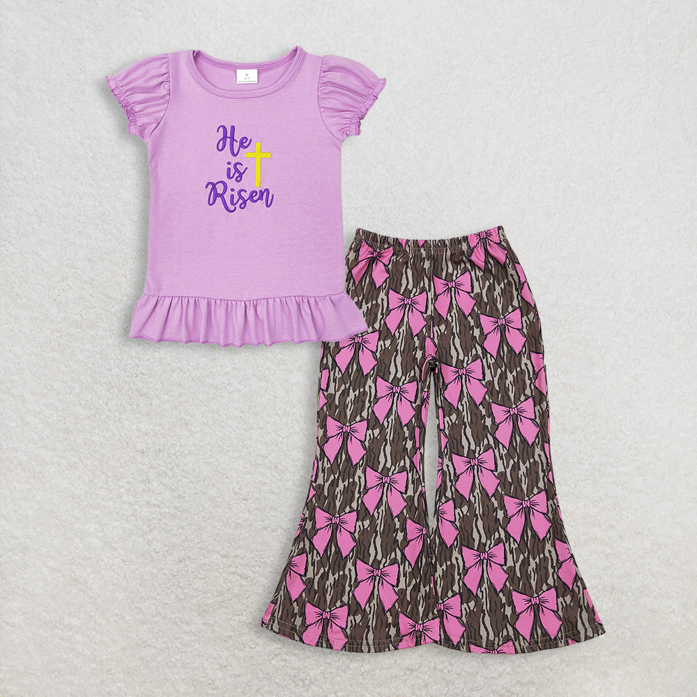3.13 RTS NO MOQ (In stock)GT0393+ P0896 Baby Girls He Is Risen Cross Easter Lavender Puffy Short Sleeve Shirt Tops Olive Camo Pink Bows Flare Pants Bottoms