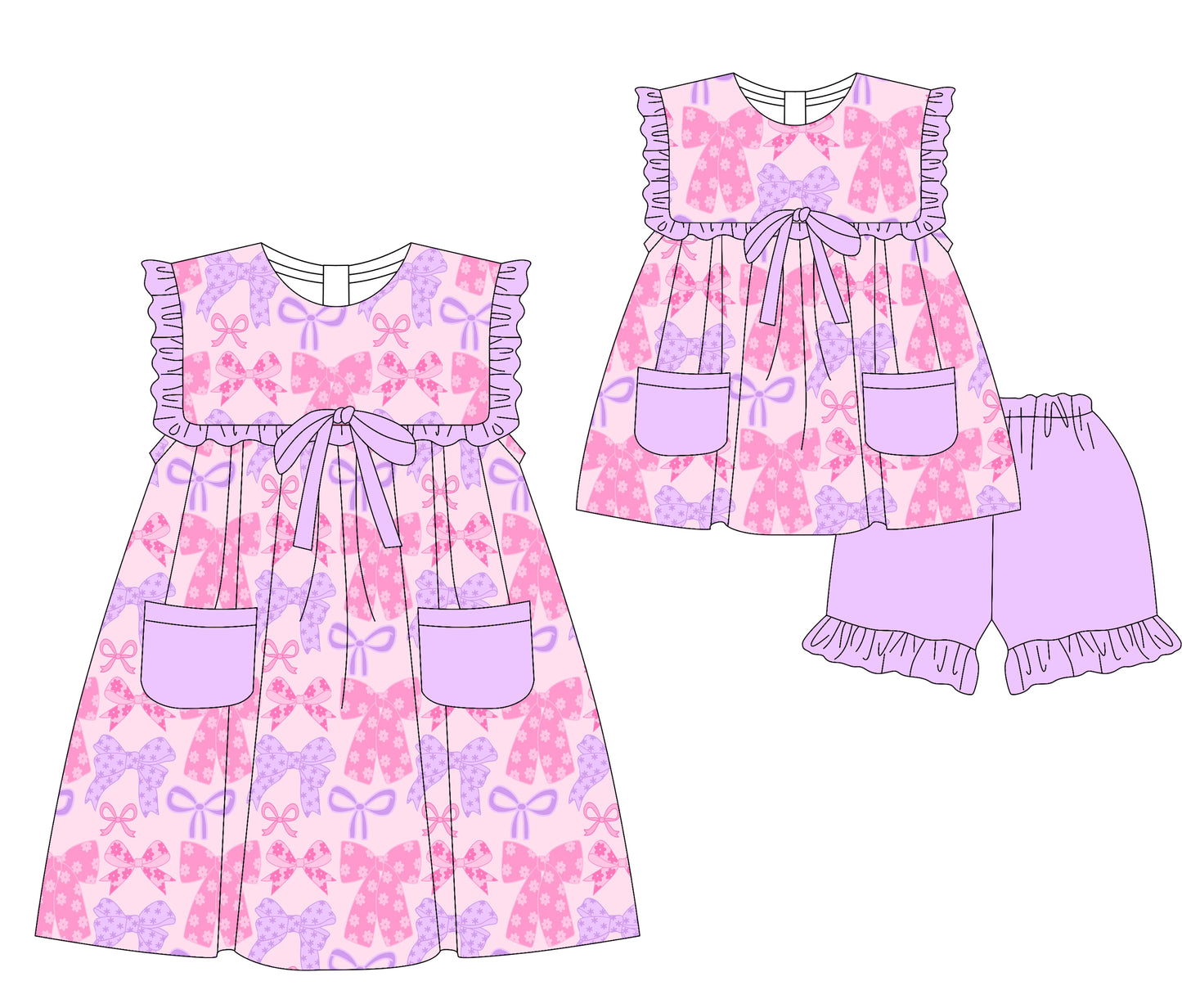 4.24 Pre order Baby Girls Lavender Ruffle Pockets Floral Bow Clothing Set Cute Outfit with Pockets for Little Ones