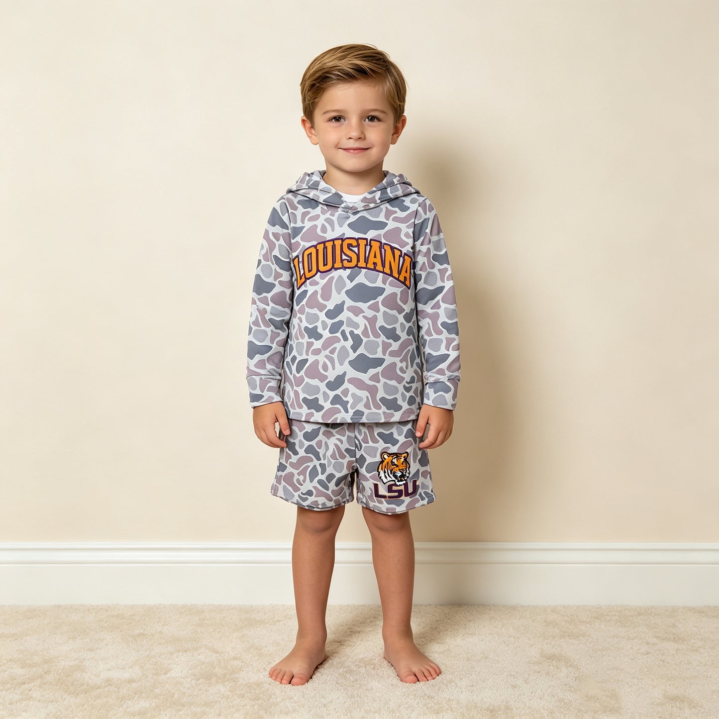 RTS NO MOQ milk silk BLS0045 Baby Boys Light Grey Camo Louisiana Long Sleeve Hoodie Short Team Clothes Set