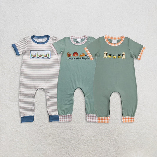 USA Warehouse (IN STOCK) God Is Great God Is Good Turkey Boy Short Sleeve Striped Duck Baby Boy Romper Thanksgiving Theme Outfit for Infants