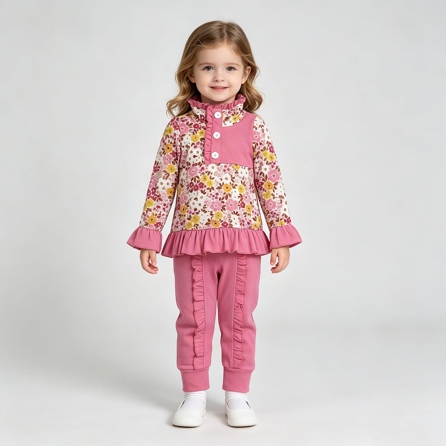 GLP3315 RTS NO MOQ (In stock)Baby Girls Colorful Floral Button Ruffle Pullover Jogger Pant Casual Outfit