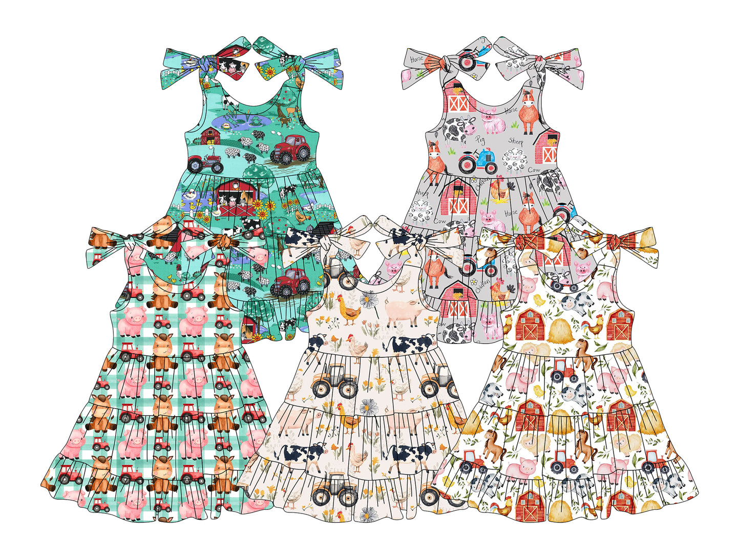 Girls Patchwork Farm Dress Green Plaid Straps Pig Tractors Theme Children's Casual Skirt Spring/Summer Autumn
