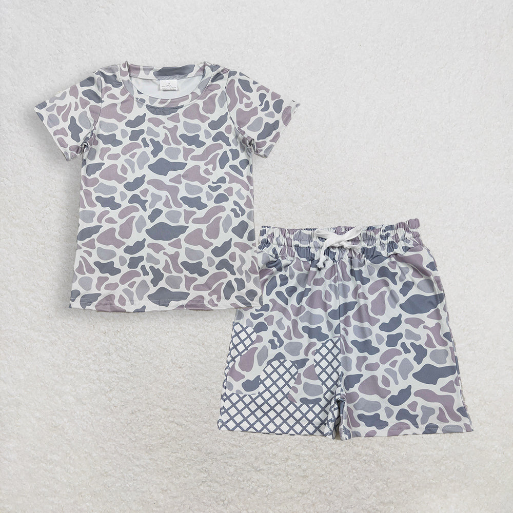 3.14 RTS NO MOQ (In stock)BT1712 + S0586 Fashion Clothing For Baby Boys Short Sleeve Southern Light Grey Camo T-shirts Top Drip Team Shorts Bottom