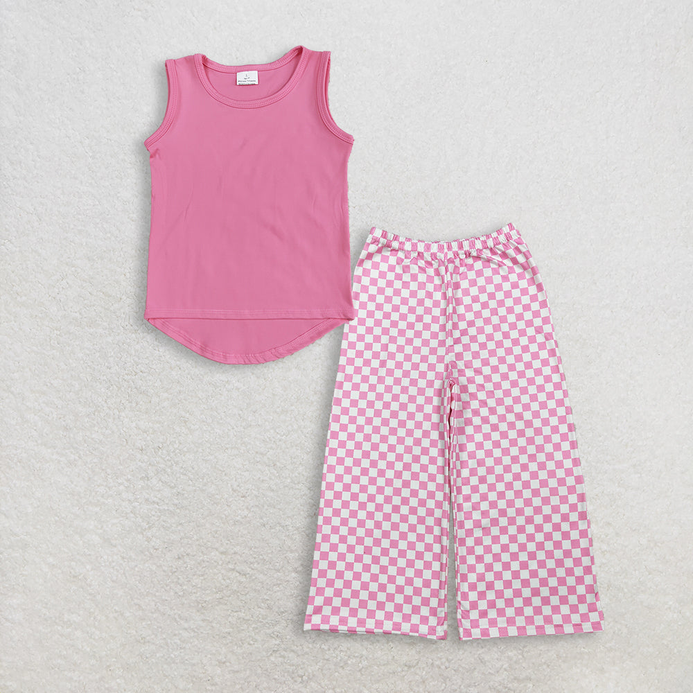 3.12 RTS NO MOQ (In stock)GT0983 + P1018 Baby Girls Pink Sleeveless Vests Tops Checked Flare Pants Bottom
