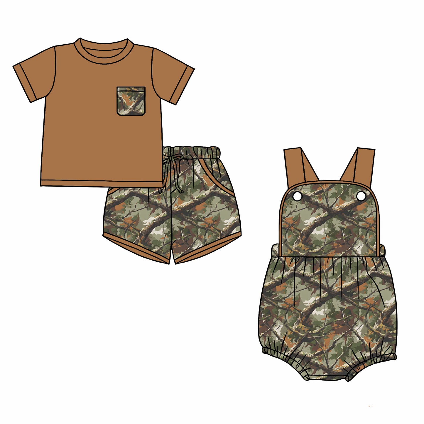 CUSTOM MOQ 5 Sibling Baby Boys Summer Brown Trees Short Sleeve Shorts Rompers Clothes Sets
