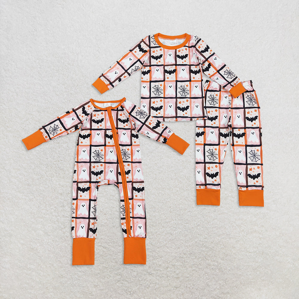 RTS Sibling Baby Girls Winter Outfits Pink Plaid Ghost Bat Halloween Pajamas Rompers for Kids Girls