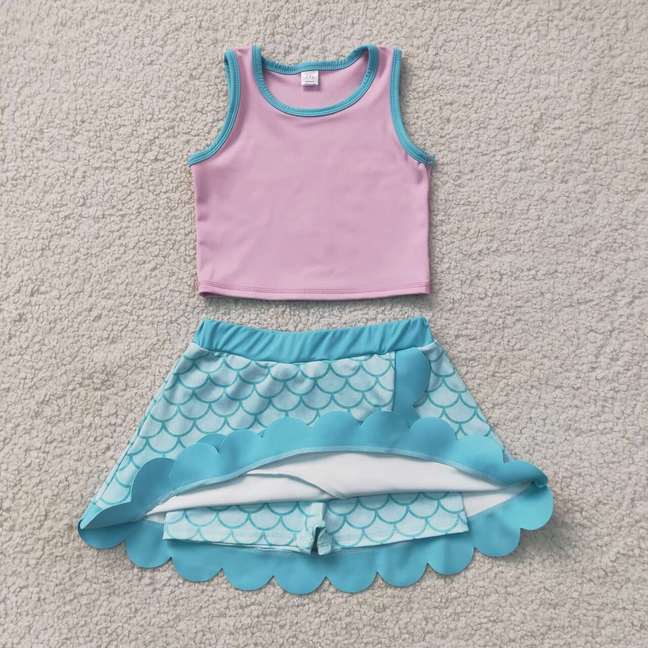 GSD4083 RTS NO MOQ (In stock)Baby Girls Lavender Aqua Mermaid Vest Scallop Skirt Short Yoga Active Clothes Set