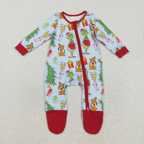 9.23 RTS Sibling Baby Boys Green Face Miss Christmas Pajamas Set Zipper Footed Romper