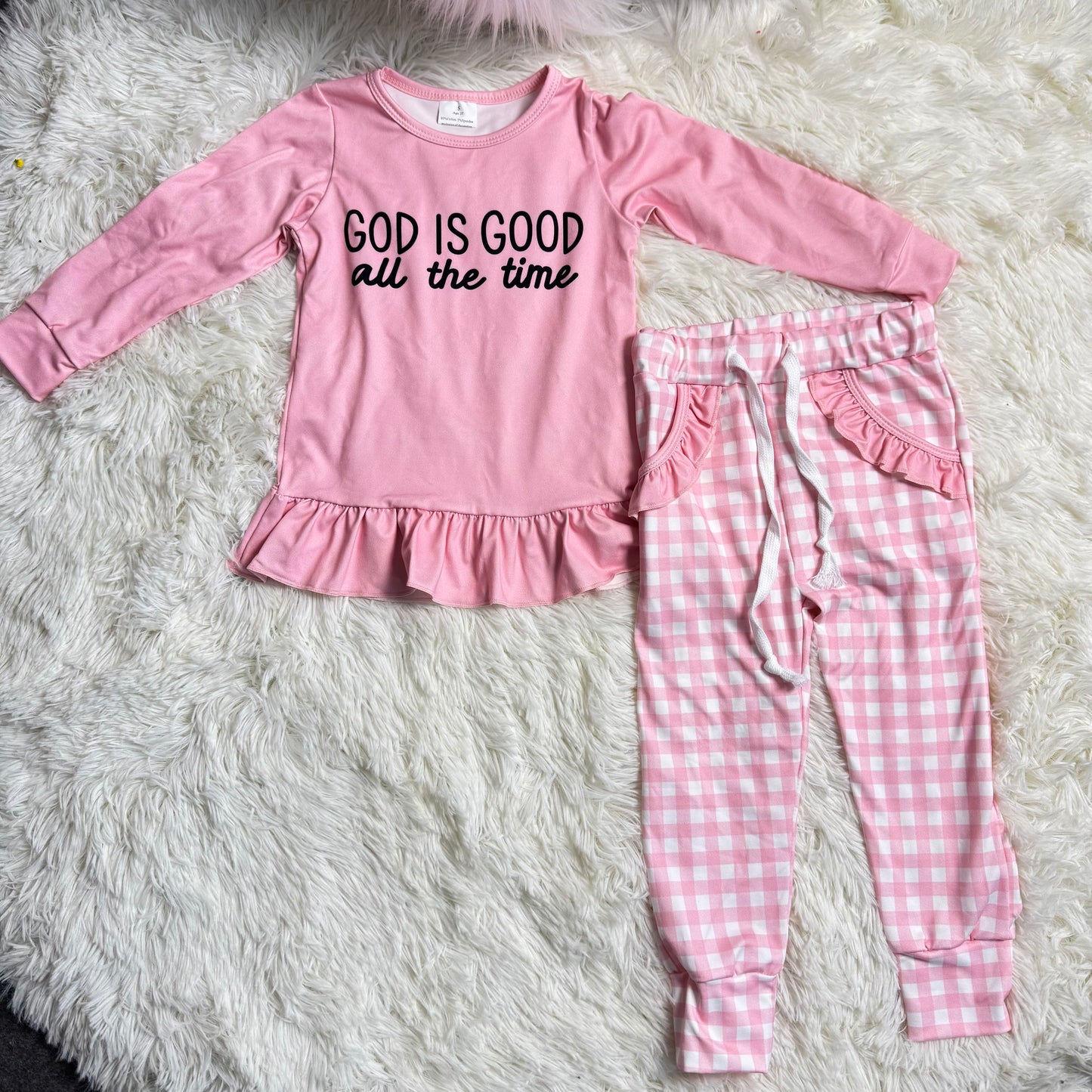 12.11 RST GLP3038 Baby Girls God is Good Ruffle Top Checked Pockets Jogger Pants Clothes Sets