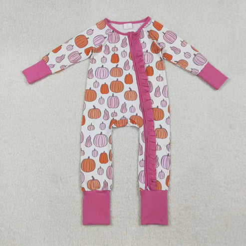 9.17 RTS Sibling Baby Girls Pink Pumpkins Fall Pajamas Sets Ruffle Zipper Footie Rompers