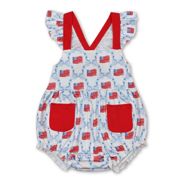 RTS Sibling Flutter sleeves bow flag baby girls 4th of july romper