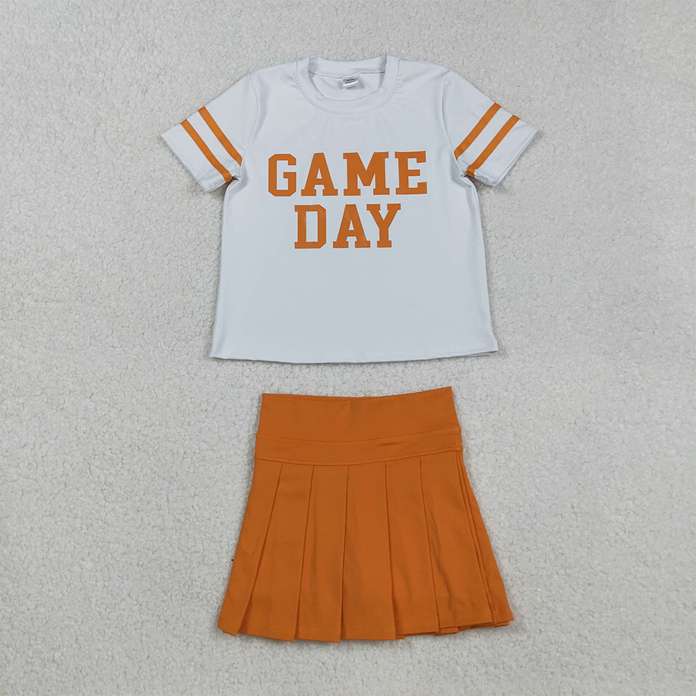 RTS NO MOQ (In stock)GT1116+GLK0109 Baby Girls Yoga Outfits White Orange Short Sleeves Game Day Activewear Top with Pleated Skirts Orange Yoga Skorts Bottom