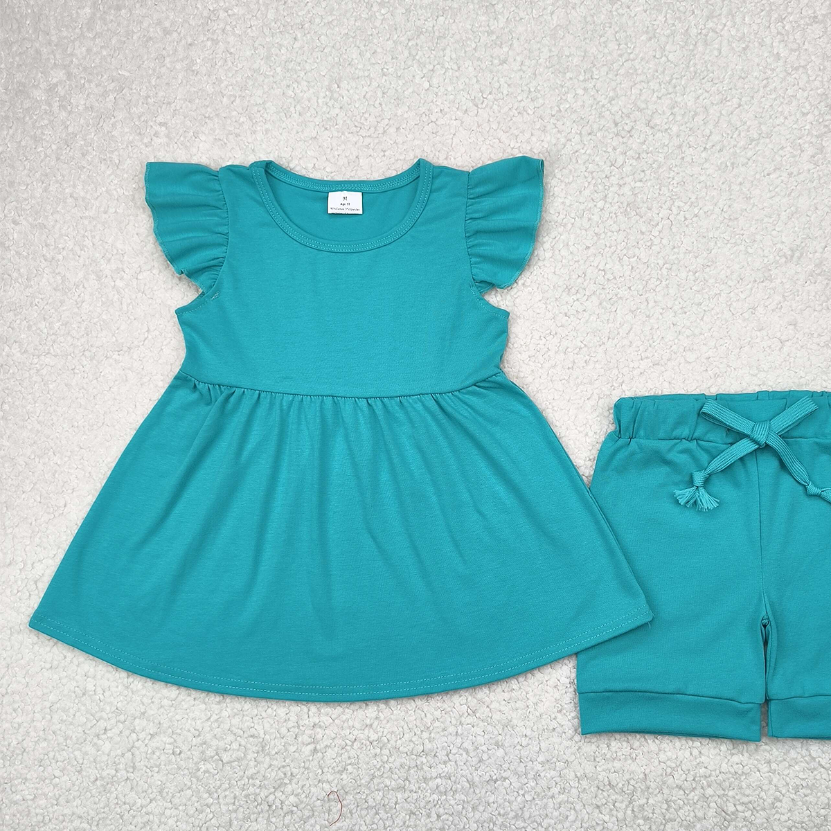 GSSO1731 RTS NO MOQ Baby Girls Summer Outfits Teal flutter sleeves cotton tunic shorts kids girls clothes
