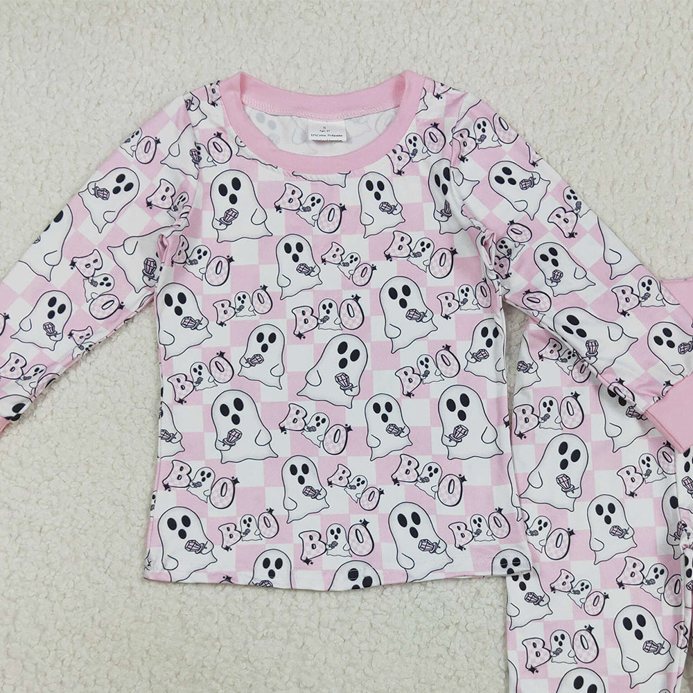 RTS NO MOQ (In stock)GLP2433 Baby Girls Winter Outfits Baby Girls Pink Halloween Ghost BOO Top Pant Pajamas Sets