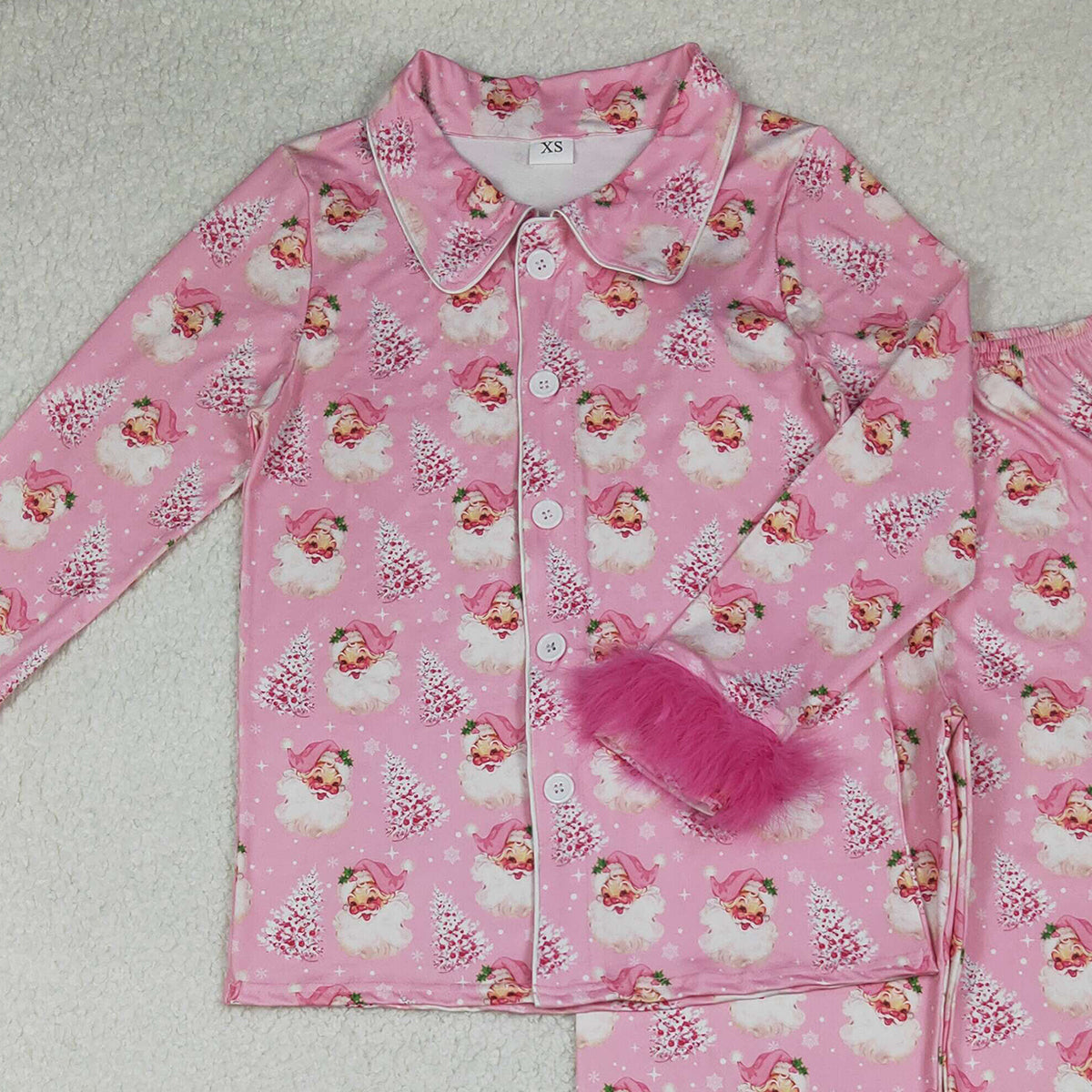 10.11 RTS NO MOQ (In stock)GLP2718 Adult Women Pink Santa Trees Button Top Pants Christmas Fur Pajamas Set