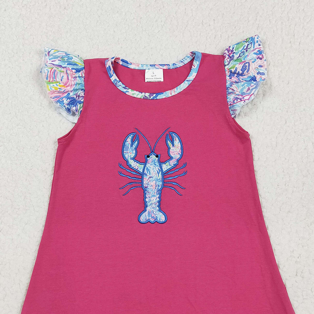 RTS NO MOQ (In stock)GSD2398 Baby Girls Summer Dress Embroidery Baby Girls Flutter Sleeves Floral Crayfish Knee Length Dress