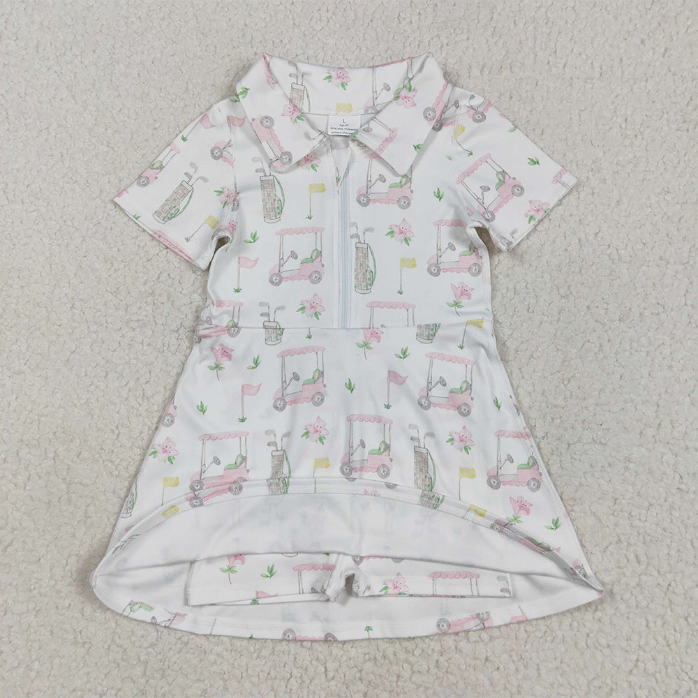 6.21 GSD2410RTS NO MOQ Baby Girls Summer Yoga Dress Baby Girls Short Sleeves Pink Flowers Golf Zipper Knee Length Dresses