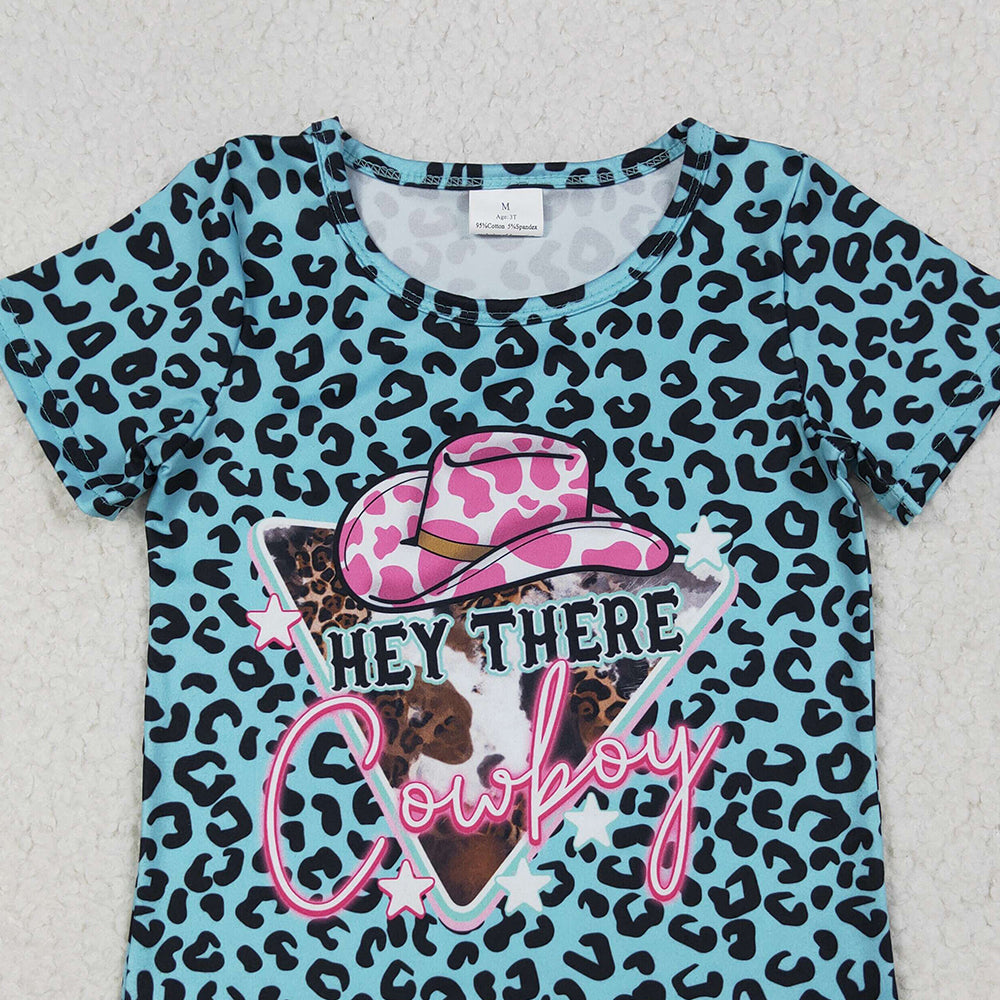 GT0934 RTS NO MOQ Baby Girls Summer Tops Baby Girls Leopard Hey Cowboy Short Sleeve Tee Shirts Tops