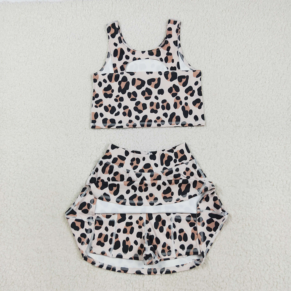 RTS NO MOQ (In stock)GSD2327 Baby Girls Yoga Sets Baby Girls Sleeveless Leopard Vest Top Skort Yoga Active Set