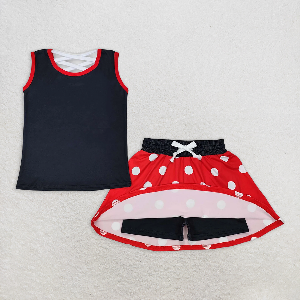GSD2069RTS NO MOQ Baby Girls Skirt Sets Girls Black Polka Dot Sleeveless Bow Top Skirt Set Cute Casual Outfit for Kids
