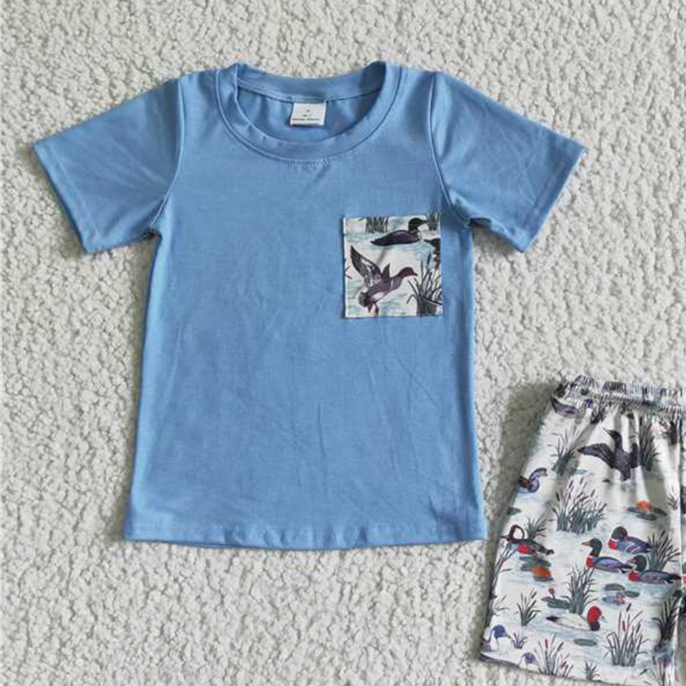 6.13 E8-15 RTS NO MOQ Baby Boys Summer Boys Outfits Blue cotton short sleeve shirt duck print shorts boy summer outfits