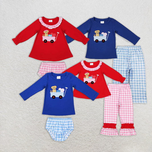 4.11 RTS NO MOQ Blue Dog Heart Top Plaid Pants Girls Boys Valentine's Day Outfit