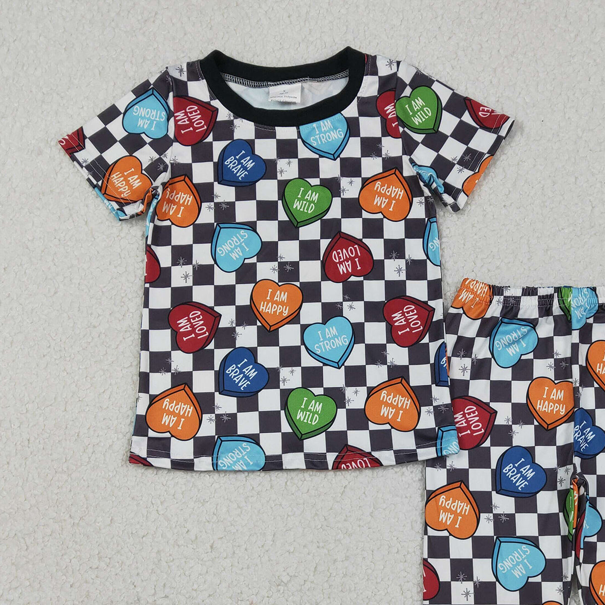 12.16 RTS NO MOQ (In stock)BSPO0490 Baby Boys Black Checked Hearts Top Pants Valentines Pajamas Sets
