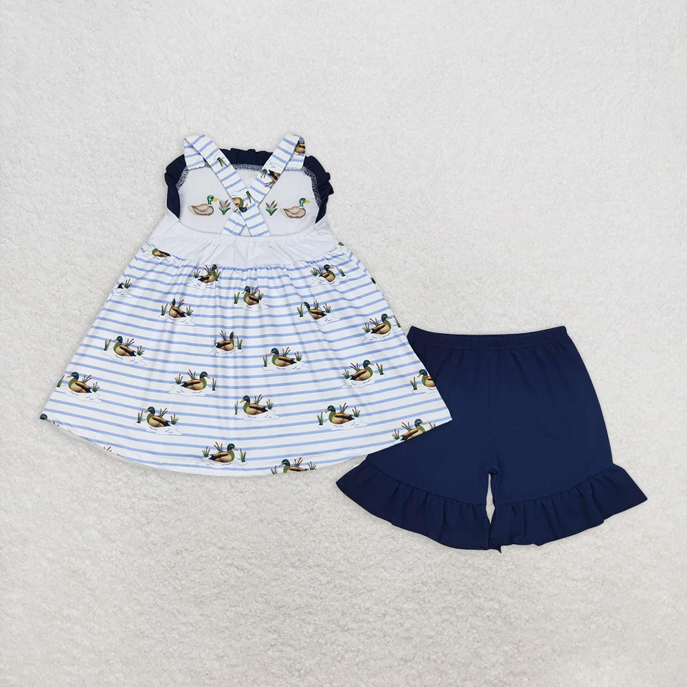 GSSO1189RTS NO MOQ Baby Girls Summer Outfits Duck stripe tunic navy shorts girls summer outfits