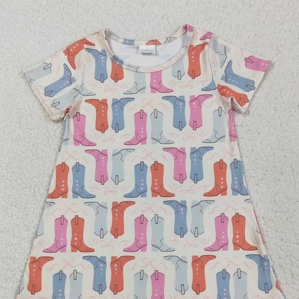 7.02 GSD2497RTS NO MOQ Baby Girls Summer Dress Baby Girls Short Sleeves Colorful Boots Knee Length Dresses
