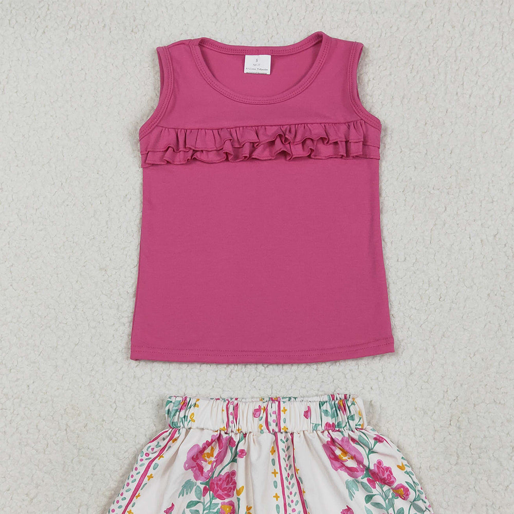 7.15 GSD2104RTS NO MOQ Baby Girls Summer Outfits Baby Girls Hot Pink Sleeveless Top Ruffle Floral Stripe Skirt Set