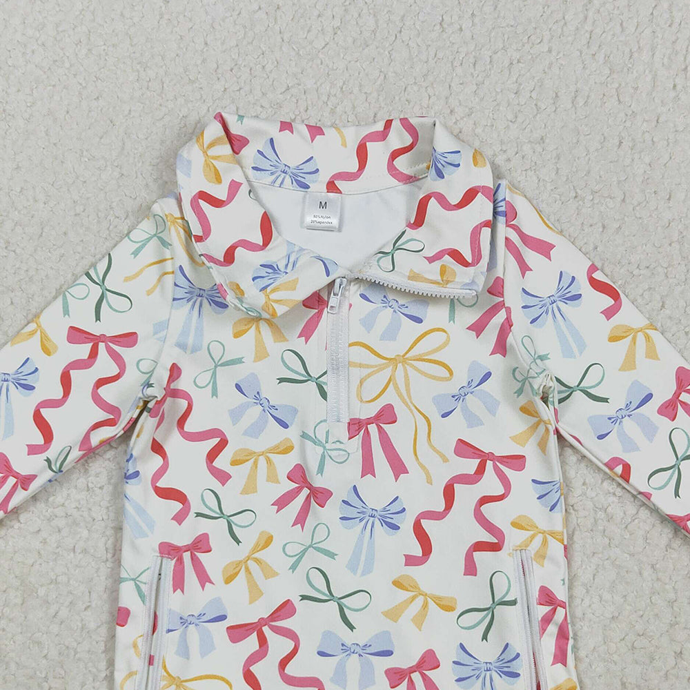 RTS NO MOQ (In stock)GT1065 Baby Girls Yoga Tops Baby Girls Colorful Bows Pockets Zipper Yoga Active Pullovers Top
