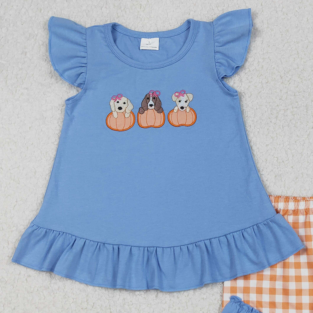 RTS NO MOQ (In stock)GSSO2700 Baby Girls Summer Outfits Embroidery Dogs Pumpkins Tunic Ruffle Shorts Clothes Sets