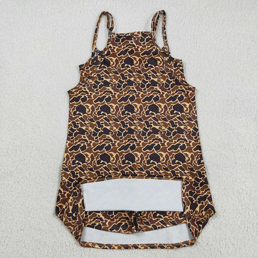 8.21 RTS NO MOQ (In stock)GSD2735 Adult Women Strap Brown Camo Pockets Yoga Active Shorts Dresses