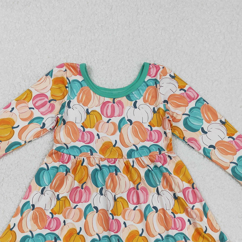 RTS NO MOQ (In stock)GLD1264 Baby Girls Winter Dress Colorful Pumpkin Long Sleeve Girls Dress with Ruffles for Fall Season Girls Clothing