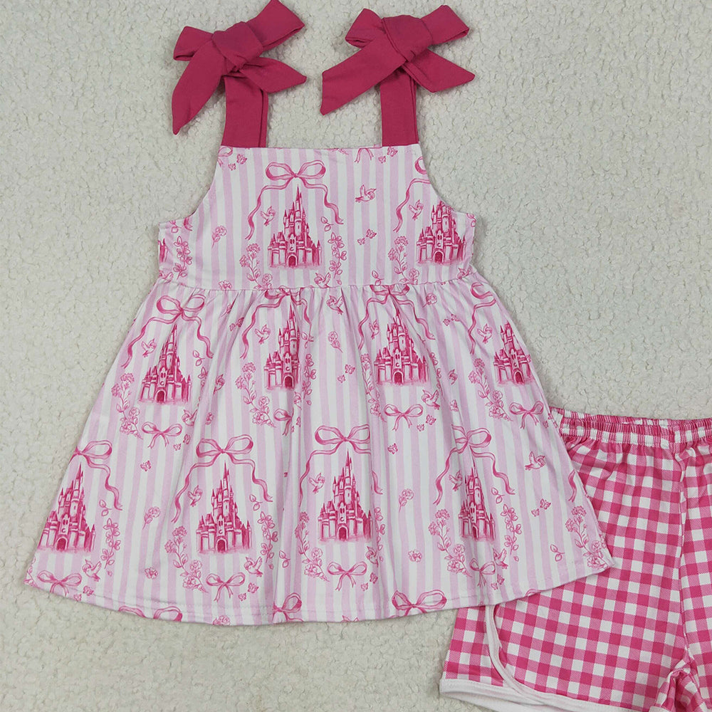 7.10 GSSO2582RTS NO MOQ Baby Girls Summer Outfits Baby Girls Pink Strap Castles Bows Tunic Plaid Short Set