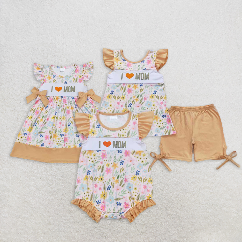 5.28 RTS NO MOQ Baby Girls Summer Outfits I love MOM floral tunic shorts girls outfits