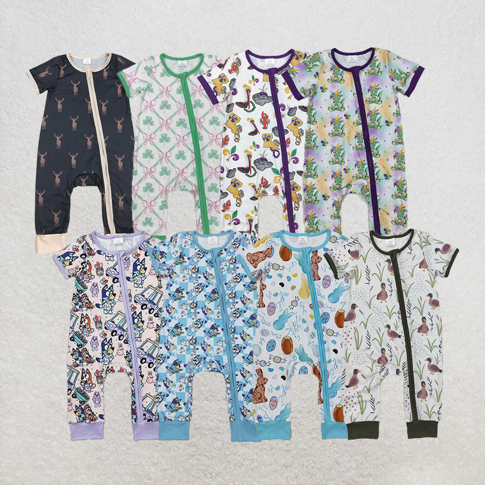 4.22 RTS NO MOQ Blue Easter Zip Romper Short Sleeves for Baby Boys with Rabbit And Eggs Design Baby Outfit for Spring