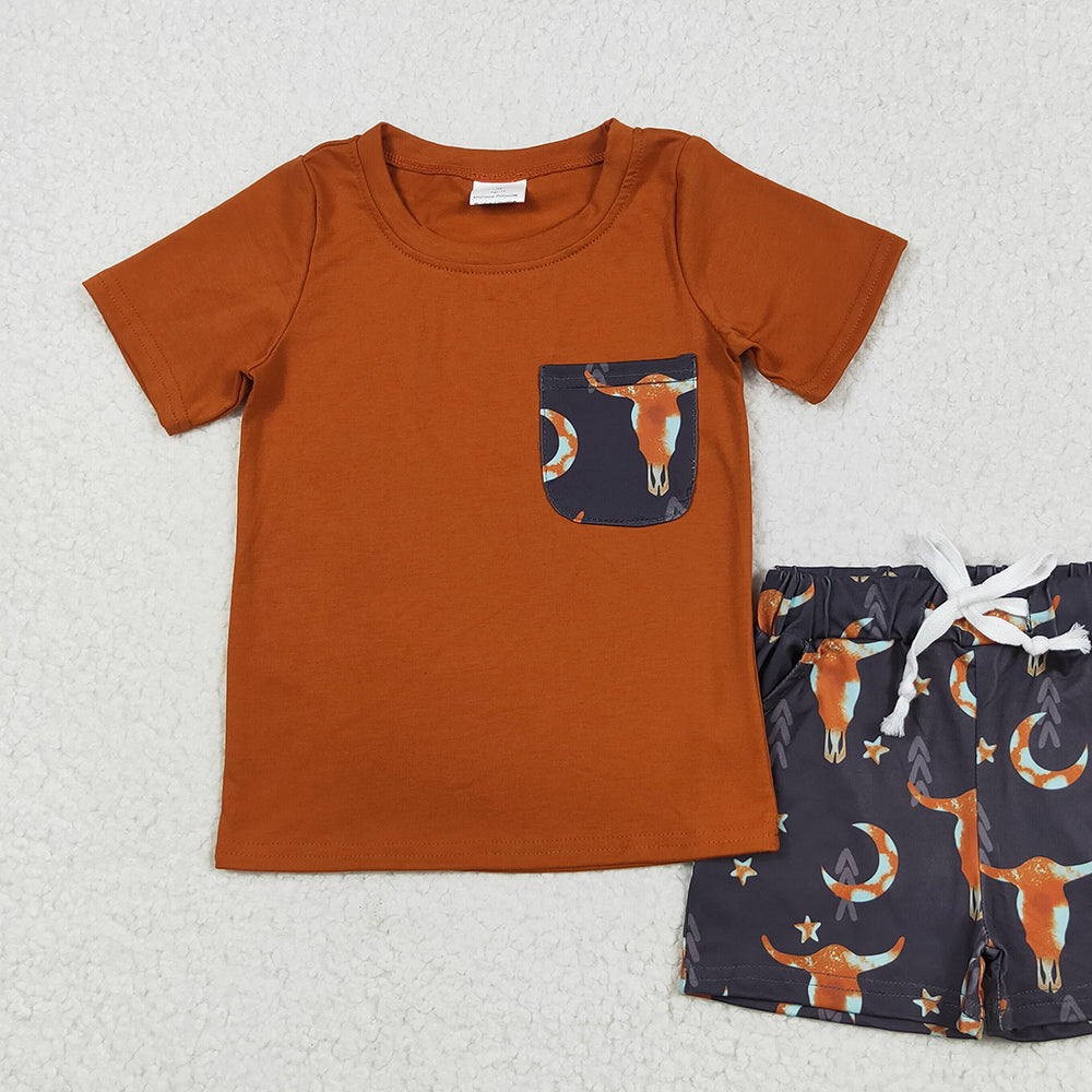 8.11 BSSO0758 RTS NO MOQ Baby Boys Summer Boys Outfits Baby Boys Brown Shirt Top Cow Stars Western Shorts Clothes Sets