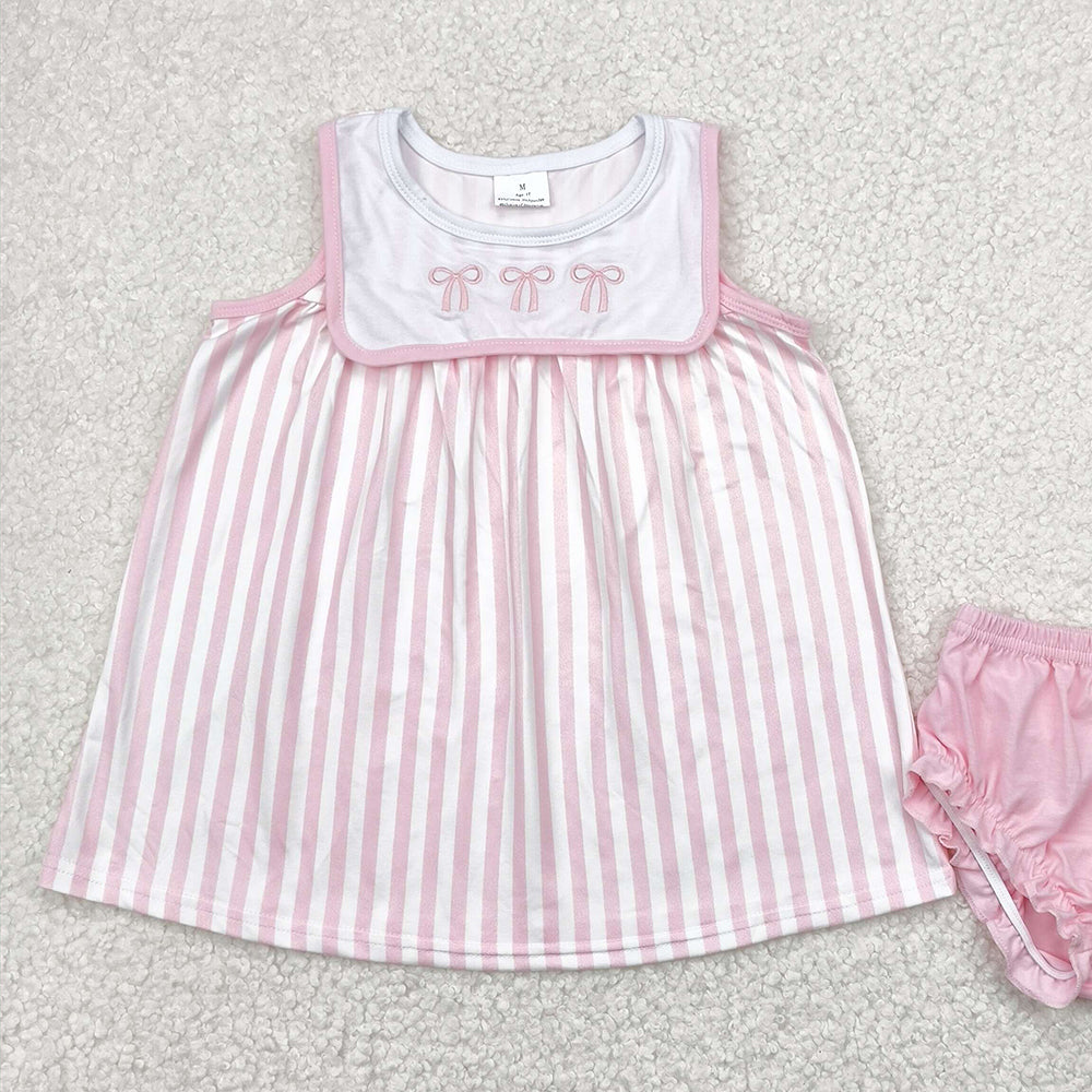 4.09 GBO0476 RTS NO MOQ Baby Girls Summer Outfits Pink bow stripe sleeveless tunic bummies girls clothes