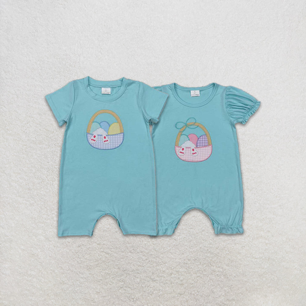 4.26 RTS NO MOQ Baby Boys Easter Romper Short Sleeves Rabbit Eggs Basket Theme Outfit Spring Summer Clothes for Infants