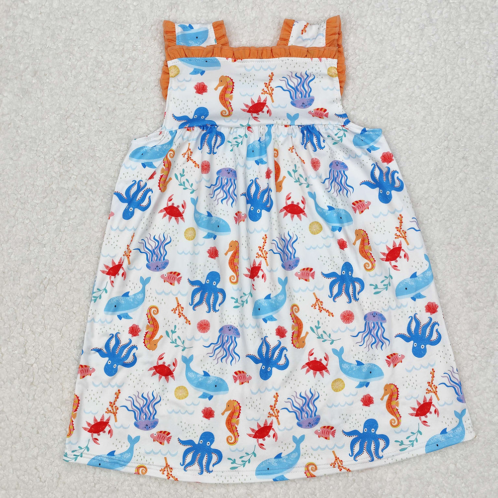 GSD1961Baby Girls Sleeveless Dress with Seahorse & Octopus Pockets Cute Sea Creature Print for Little Ones