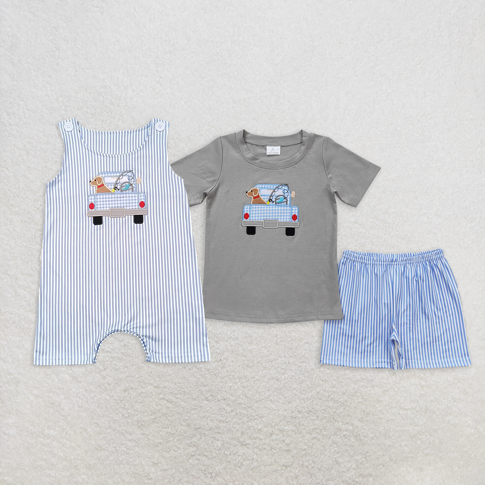6.16 RTS NO MOQ Dog fishing truck top plaid shorts boys clothes rompers