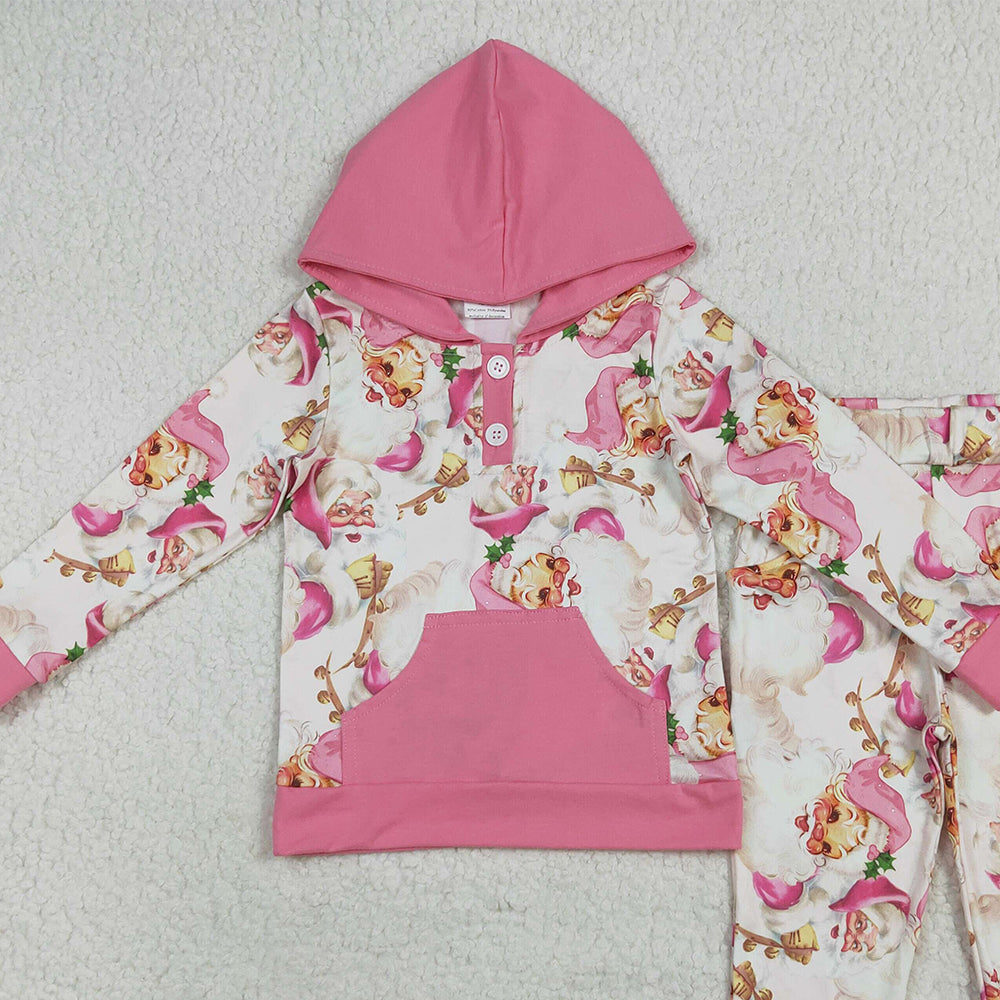 RTS NO MOQ (In stock)GLP2474 Baby Girls Winter Outfits Baby Girls Pink Christmas Santa Button Hoodies Pockets Pant Sets
