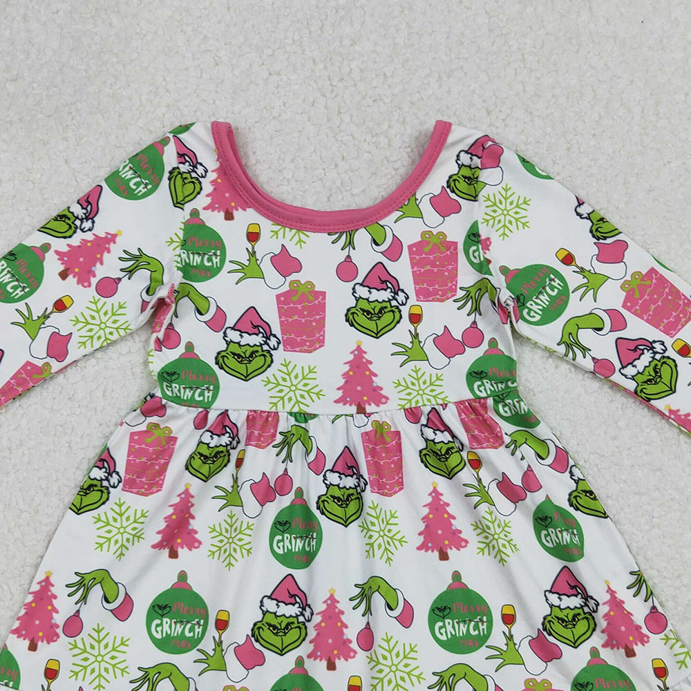 RTS NO MOQ (In stock)GLD1277 Baby Girls Winter Dress Green Face Gifts Christmas Ruffle Knee Length Dresses