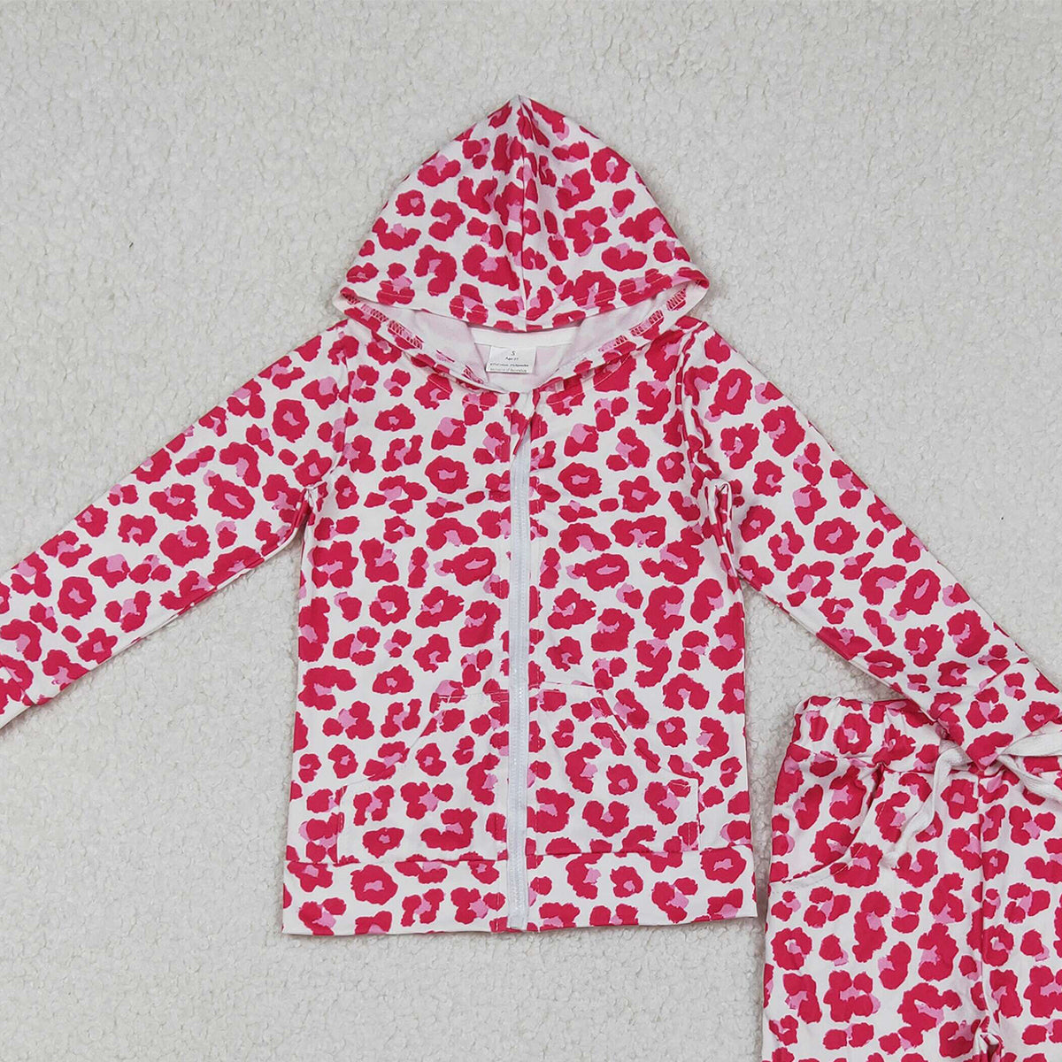 10.23 RTS NO MOQ (In stock)GLP2790 Baby Girls Pink Leopard Zipper Pockets Hoodies Top Joggers Clothes Sets